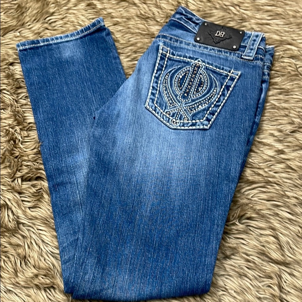 Blue Straight Leg Jeans with Distressed Faded Look